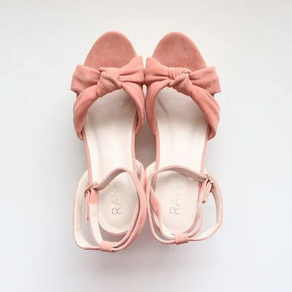 Revolve RAYE Faye Peach Suede Leather Wooden Platform Wedge Ankle Strap Sandals
